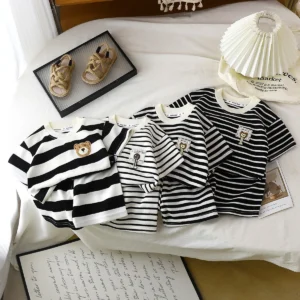 Children's Suit 2PCS Set New Summer Short Sleeve +Shorts Striped Boy Girl Child T-shirt Baby Clothes Children's Clothing