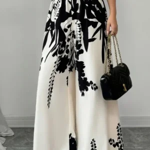Women Black Ink Floral Print Wide Leg Pants Elastic High Waist Silky Satin Palazzo Trousers Summer Vacation Casual Loose Long Pants Beach Bottoms Vestidos