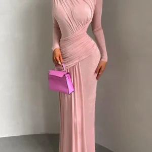 Kliou Ruched Elegant Long Dress Woman Autumn Trend o-Neck Full Sleeve Skinny Stretch Street Y2K Casual Style Classic Vestidos