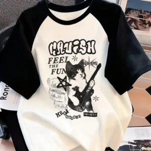 Y2k Music Cat Print Letter Print Crew Neck T-Shirt Casual Short Sleeve Top for Spring Summer Women's Clothing Top Tee