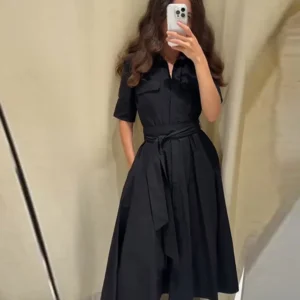 Elegant Belt Women Long Black Dress Full Sleeve Pleated Lapel Waist-Closed Female A Line Dresses 2026 Spring Lady Robes New