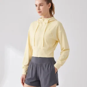 Women's Casual Hooded Sports Jacket Yoga T-shirt Fitness Shirt Long Sleeves Pilates Top Loose Running Coat Sports Gym Clothing