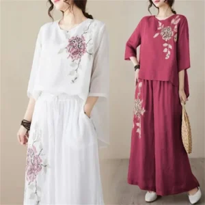 2025 Ladies Fashion Cotton Linen Blouse 2PCS Korean Women Embroidery Two Piece Suit Summer Female Large Size 4XL Wide Leg Pants