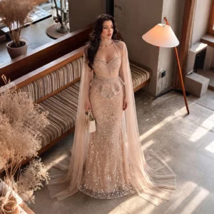 Sharon Said Luxury Champagne Beaded Mermaid Evening Dress Tulle Cape Sleeves High Neck Dubai Formal Party Gowns SS018 Customized