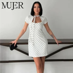 MUJER Polka Dot Women's Dress Bow Cut out Short Dresses for Women Summer Party Dresses 2026 Woman Short Sleeve Mini Dress Women