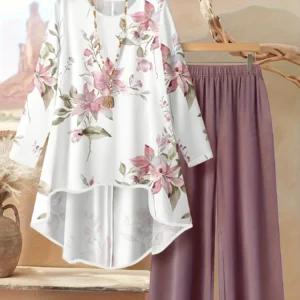Fashionable New Women's Floral Print Casual Long-Sleeve Round-Neck Irregular Hem Top and Solid Color Pants Set - Spring/Summer Random Print Pattern Two-Piece Set