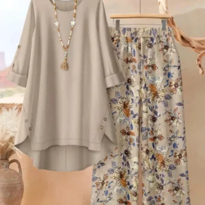 Women Round Neck Long Sleeve Plain Top And Floral Printed Wide Leg Pants For Casual Resort Vacation And Daily Occasion