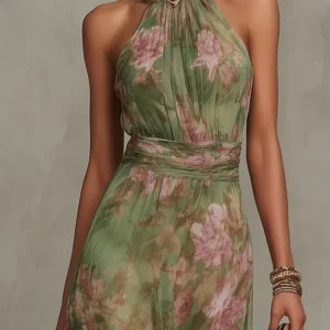 DFCF Fashion Sleeveless High Neck Ruched Waist Chiffon Flowy Evening Party Dress 2026 New Women Floral Print Halter Maxi Dress