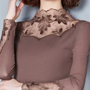 Hollow Out Women Spring Autumn Style Lace Blouses Shirts Casual Long Sleeve Patchwork Spliced Turtleneck Blusas Tops DF1491