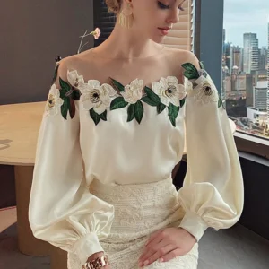 New Autumn Women's Mesh Off-Shoulder Printing Decorative Women's Long Sleeve Shirt Elegant Lantern Sleeve Crew Neck Blouse 24976