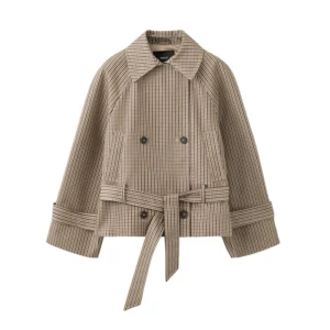 Checked Cropped Trench Jacket with Tie Belt