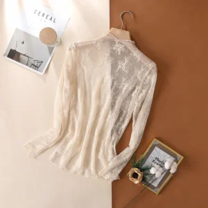 Sheer Floral Lace Mock-Neck Long-Sleeve Tee