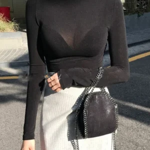 Sheer Long-Sleeve Turtleneck Layering Top