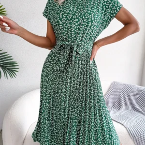 Printed Short-Sleeve Dress with Pleated Skirt