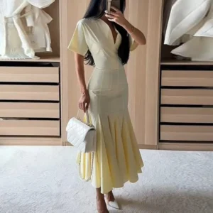 Pale Yellow Collared Midi Dress with Flared Hem