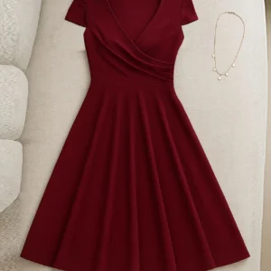 Short-Sleeve V-Neck Fit-and-Flare Dress