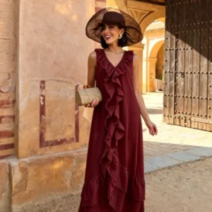 Sleeveless Long Dress with Cascading Front Ruffles