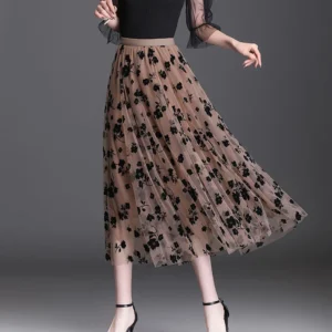 Floral Mesh Overlay Midi Skirt