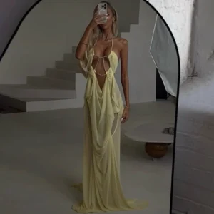 Chain-Halter Long Dress with Draped Cutouts