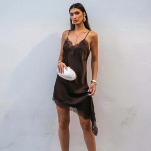 Asymmetric Lace-Trim Satin Slip Dress