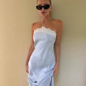 Halter Slip Dress in Pale Blue and Floral Ivory