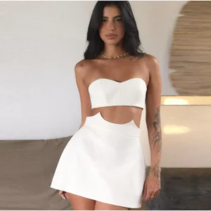 White Strapless Top and Curved-Waist Mini Skirt Set