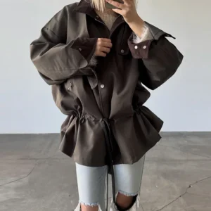 Longline Drawstring-Waist Jacket with Contrast Collar