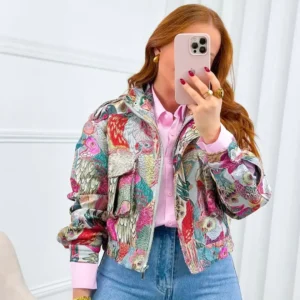 Multicolour Printed Cropped Zip Jacket