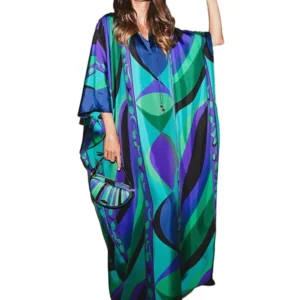 Blue and Green Abstract-Print Caftan Dress