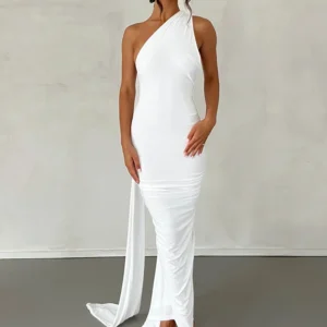 One-Shoulder Ruched Maxi Dress with Trailing Sash