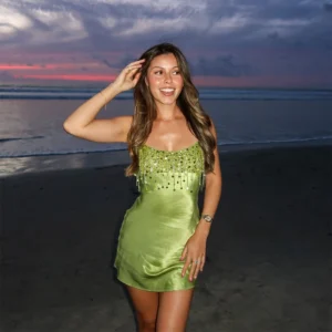 Embellished-Neckline Satin Mini Dress