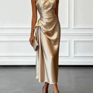One-Shoulder Draped Satin Midi Dress