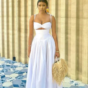 White Cutout Maxi Dress with Tie Straps