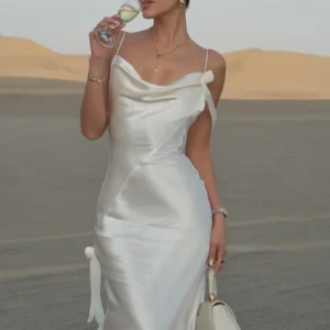 Ivory Cowl-Neck Maxi Dress with Floral Strap Details