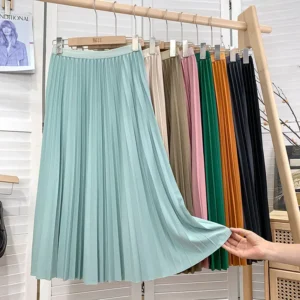 Elastic-Waist Pleated Midi Skirt