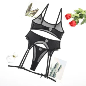 Mesh Bralette, Thong and Garter-Belt Set