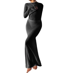 Sheer Long-Sleeve Open-Back Maxi Cover-Up