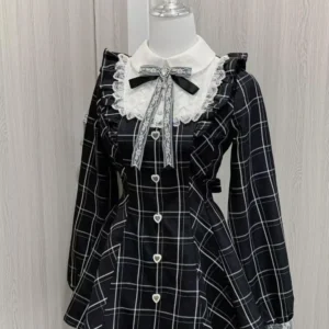 Black Checked Mini Dress with Lace Collar and Heart Buttons