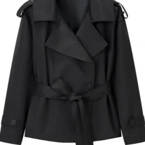 Belted Short Trench Jacket with Wide Lapels