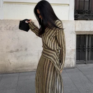 Striped Long-Sleeve V-Neck Maxi Dress