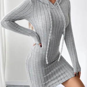 Ribbed Hooded Long-Sleeve Mini Dress