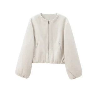 Cropped Fleece Zip Jacket with Round Neck