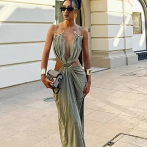 Draped Open-Back Maxi Dress with Metallic Neckline Detail