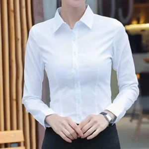White Fitted Button-Front Shirt with Long Sleeves