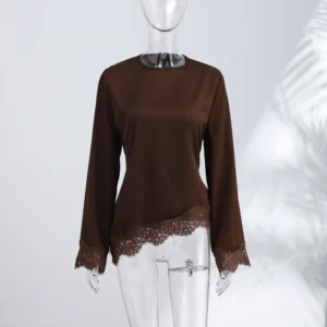 Satin-Finish Lace-Trim Long-Sleeve Top