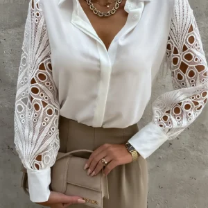 Button-Front Blouse with Openwork Lace Sleeves