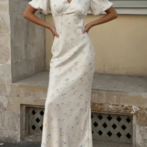 Floral V-Neck Long Dress with Flutter Sleeves