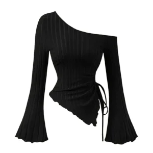 Asymmetric Ribbed Top with Flared Sleeves