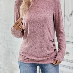 Long-Sleeve Tee with Side Ruching and Button Detail