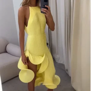 Halter Midi Dress with Sculpted Ruffles